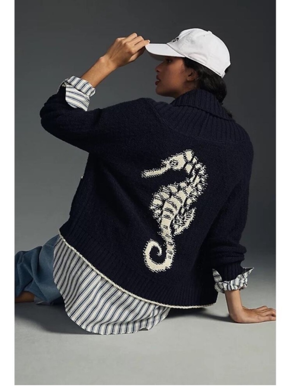 Anthropologie Maeve Seahorse Cardigan Sweater Navy Size Large Petite - Picture 1 of 10